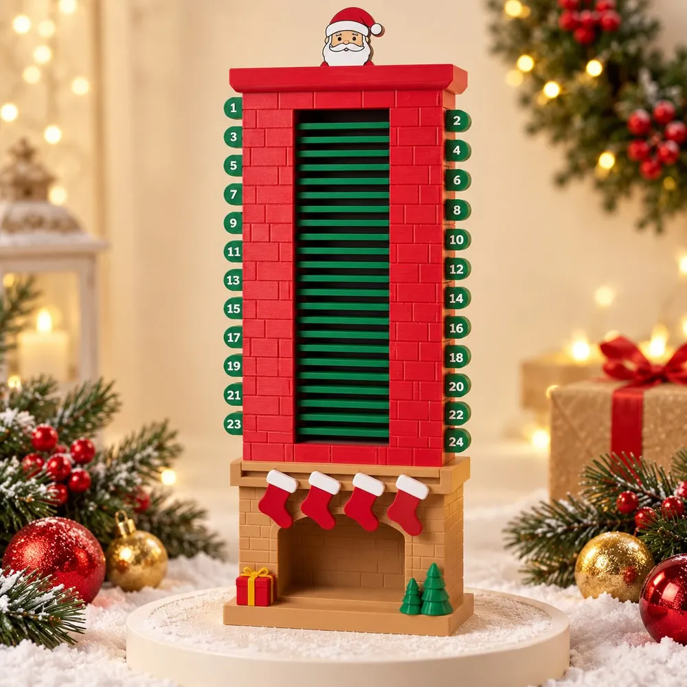 Calendário natalino em forma de chaminé vermelha com gavetas verdes numeradas e Papai Noel.