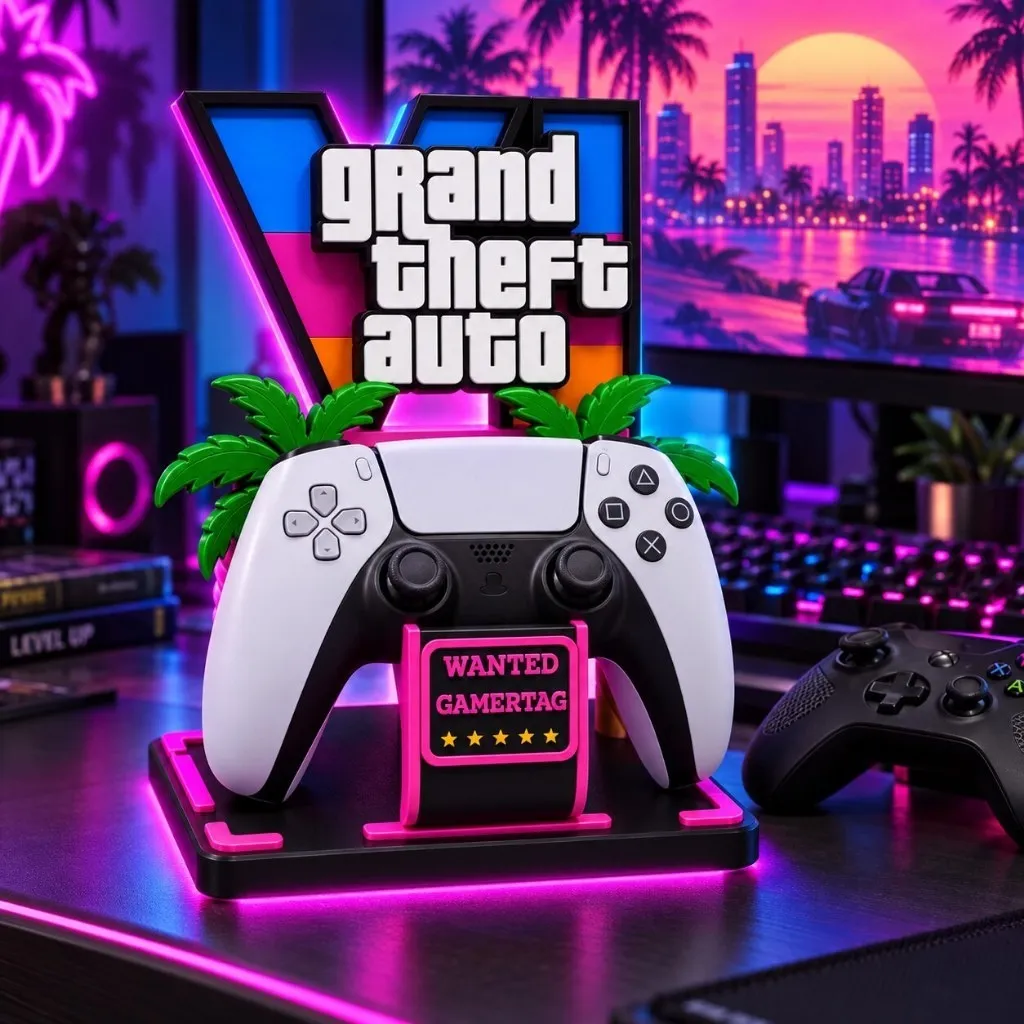 Imagem ilustrativa de suporte para controle com iluminação rosa e azul, acompanhado de um controle branco.