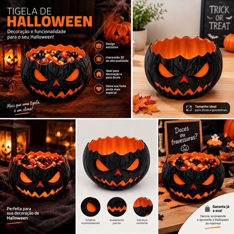 Composição de catálogo com recipiente em forma de abóbora, em laranja e preto, para Halloween.