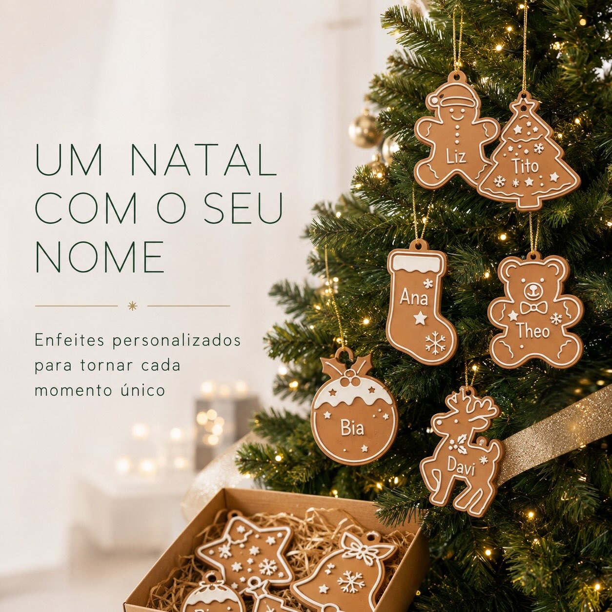 Enfeites natalinos com nomes, apresentados no Instagram da AVRY.